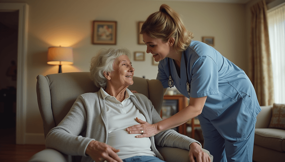 Eye-level view of a caregiver assisting an elderly person in a cozy Michigan home