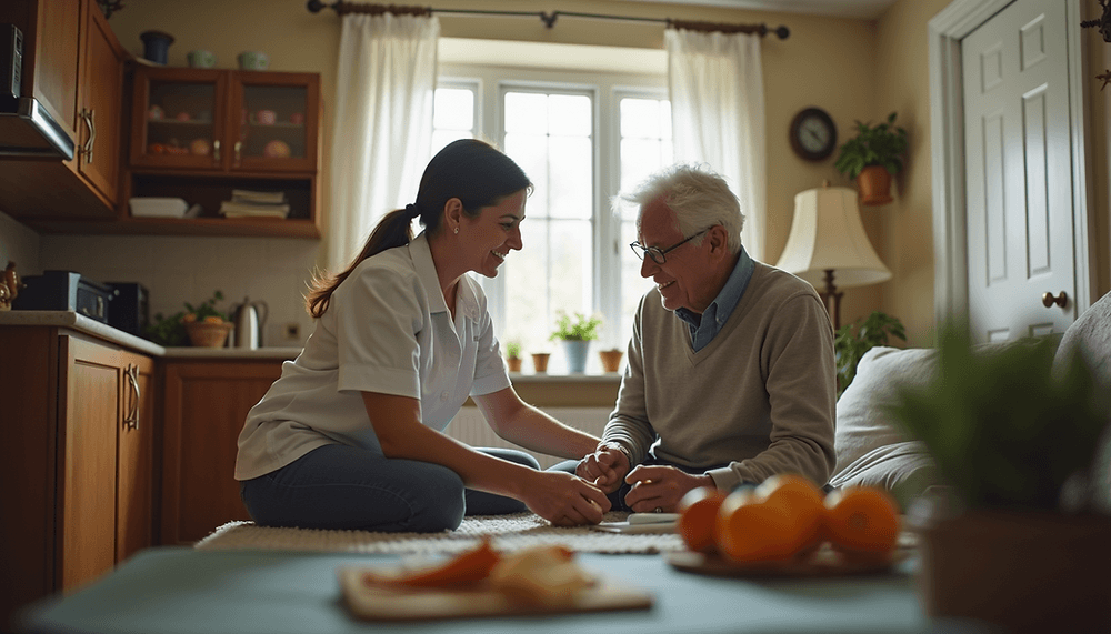 Eye-level view of a caregiver assisting an elderly person with daily tasks in a cozy Michigan home