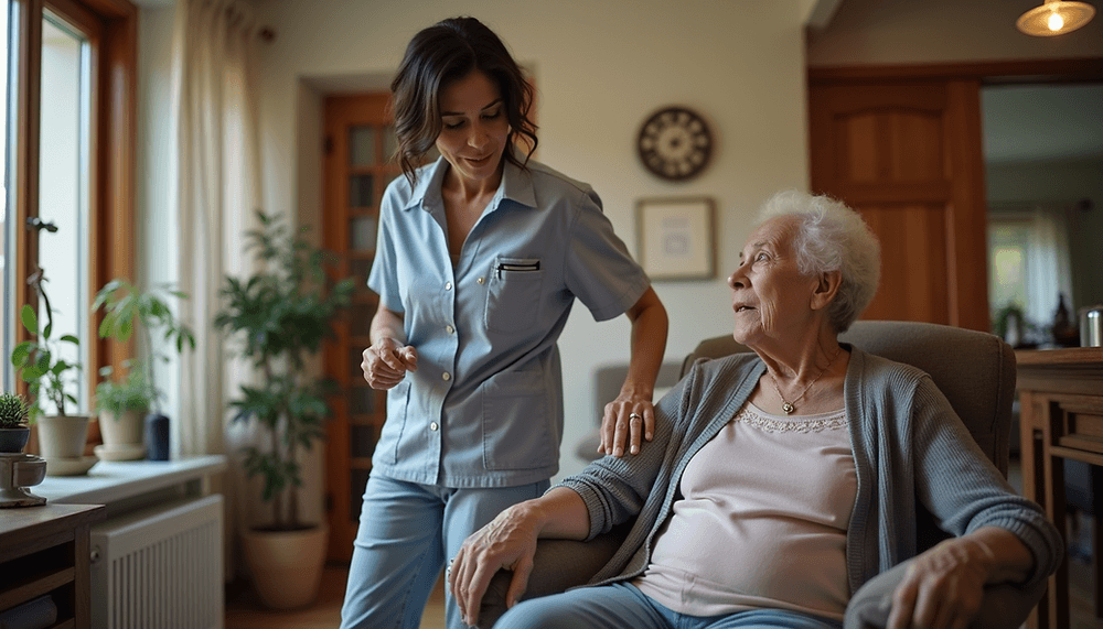 Eye-level view of a cozy living room with a caregiver assisting an elderly person