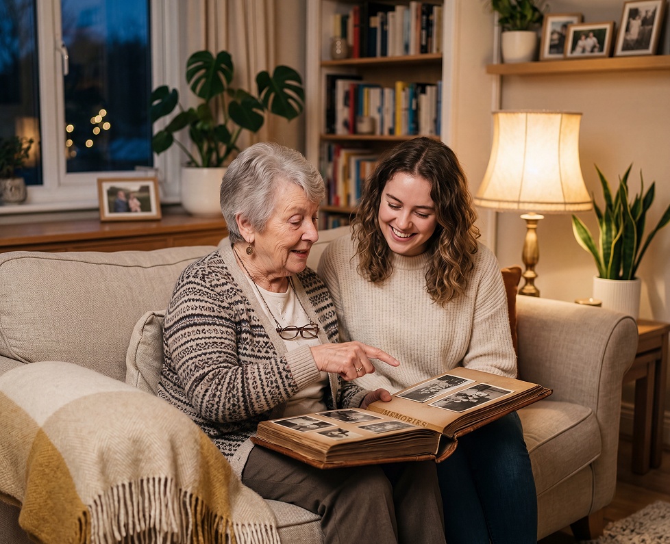Older woman and a younger woman looking through a photo album together